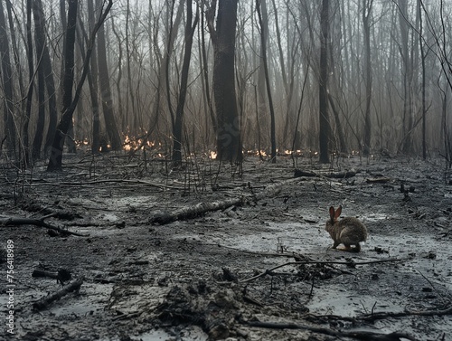 A lone rabbit sits amidst the charred remains of a forest  with hints of residual fires and smoke in the background.