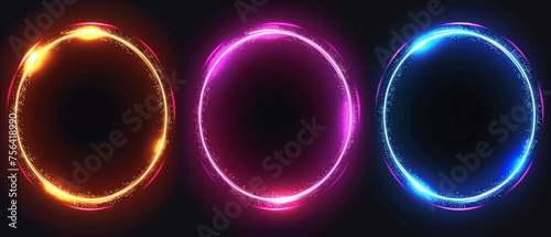Glittering neon circle frame with a glitch effect set against a black background. Realistic modern illustration set of realistic ring border with digital light bug. Round glowing shape with video