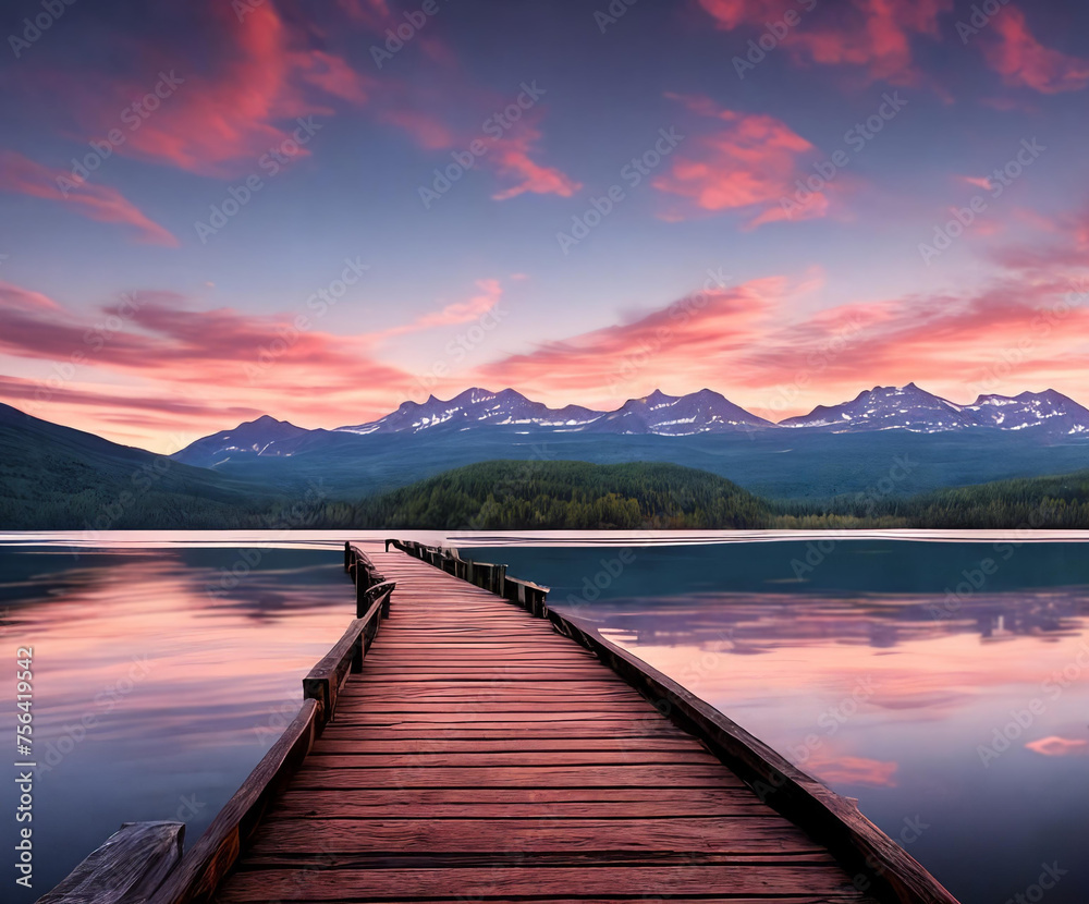 A vibrant sunset paints the sky over a serene lake. Generative AI