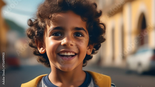 Cute happy hispanic child portrait. Little latin american kid boy smile on rustic sunny ethnic background in Natural Sunlight 