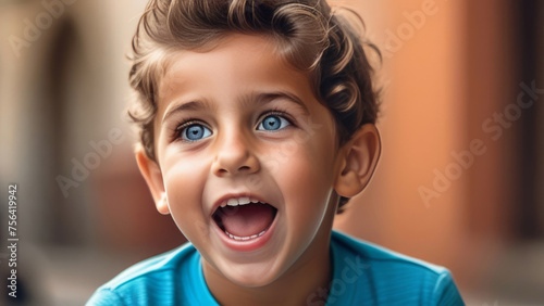 Cute happy hispanic child portrait. Little latin american kid boy smile on rustic sunny ethnic background in Natural Sunlight	 photo