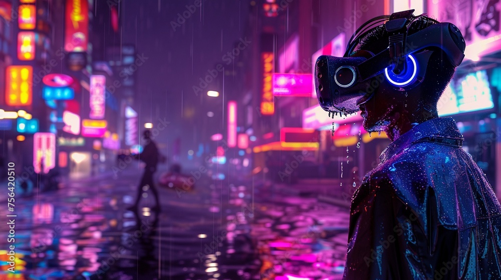 Cyberpunk cityscape at night neon lights reflecting on rain-soaked streets