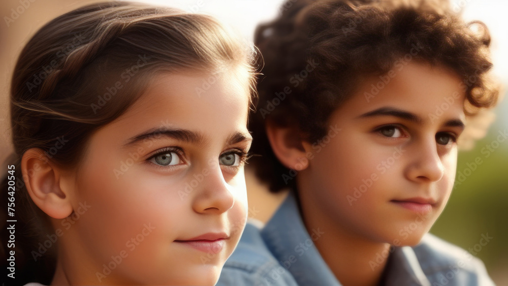 latin american kids on sunny natural background. Portrait happy cute hispanic children. Family love and relationship sibling concept