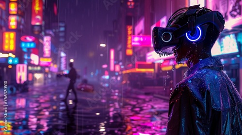 Cyberpunk cityscape at night neon lights reflecting on rain-soaked streets © wudu_8
