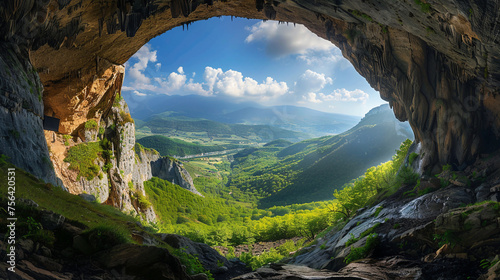 Beautiful cave with mountain view.  photo