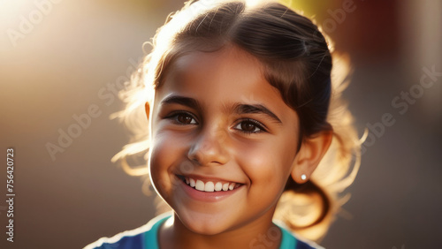 Cute happy hispanic child portrait. Little latin american kid girl smile on rustic sunny ethnic background in Natural Sunlight	 photo