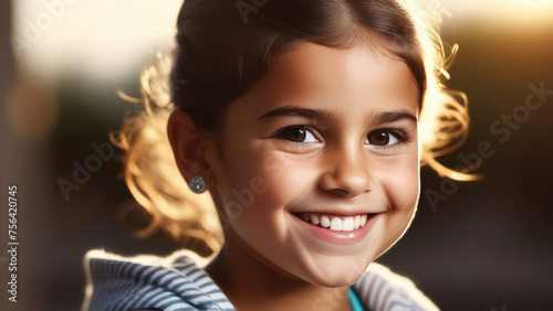 Cute happy hispanic child portrait. Little latin american kid girl smile on rustic sunny ethnic background in Natural Sunlight	 photo
