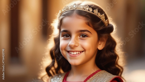 Cute happy hispanic child portrait. Little latin american kid girl smile on rustic sunny ethnic background in Natural Sunlight 