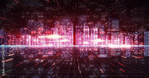 3D high tech futuristic city flight animation. Digital smart city. Business and technology related 3D Render.