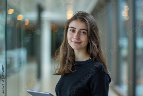 Successful female programmer,portrait of female engineer with tablet computer startup worker working inside office building using tablet for testing applications smiling looking at camera,GenerativeAI