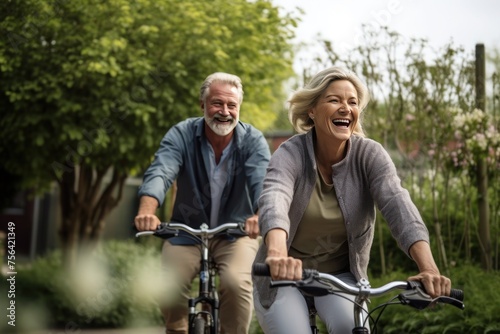 Elderly happy couple riding bicycles in the countryside, spending time together, leading an active lifestyle