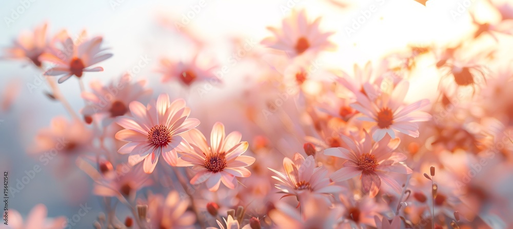 Beautiful daisy and dandelion field under sunlight for text overlay on blue sky background Beautiful daisy and dandelion field under sunlight for text overlay on blue sky background