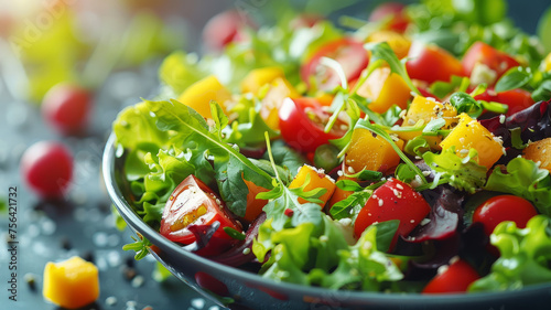 Photo of a colorful vegetable salad in a bowl. photo
