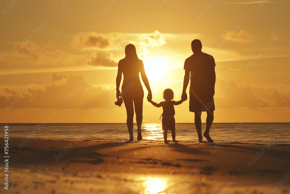 family with their hands held on a beach