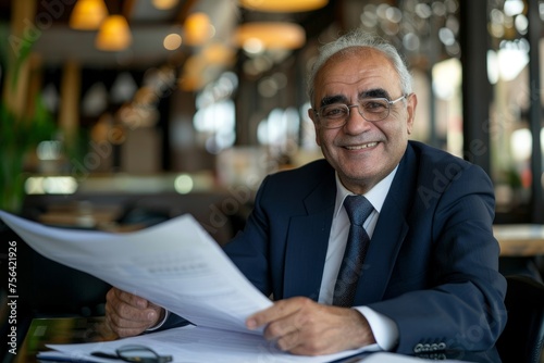 Mature experienced financier on paper work, Arab smiling satisfied with results of financial achievement, reviewing contracts, invoices and statements with accounts, businessman in suit. Generative AI