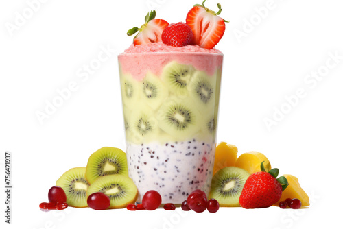 Yogurt shake  smooth texture  bright colors  filled with various types of fresh fruits such as berries  kiwi and strawberries  Isolated on a transparent background.