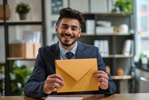 Young successful arab businessman at workplace inside office, man smiling satisfied received mail letter envelope notification message with good news, boss in business suit, Generative AI