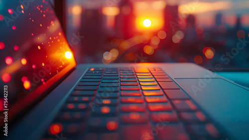 A laptop keyboard at sunset