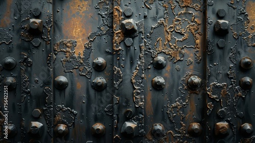 Close-Up of Weathered Iron Surface With Rust and Rivets, Textural Detail