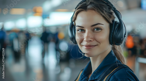 Smiling uniformed female airport worker wearing headphone, Generative Ai