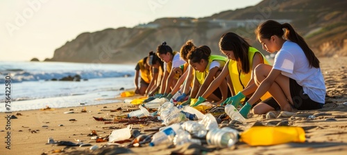 Student volunteers sorting recyclables and marine litter at beach cleanup in school uniforms photo