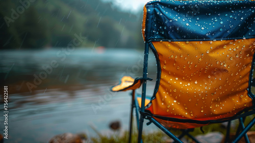 A rain-soaked camping chair by a river.