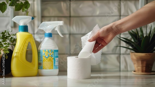 A hand reaching for a roll of paper towels next to a bottle of all-purpose cleaner. photo