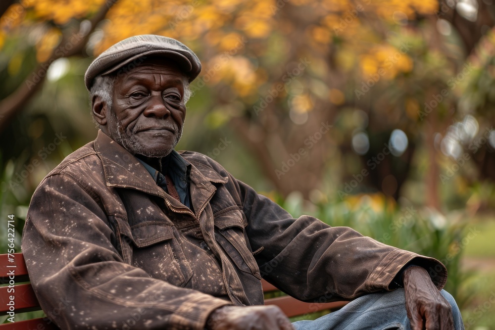 Sad elderly African American man sitting on a bench in the park