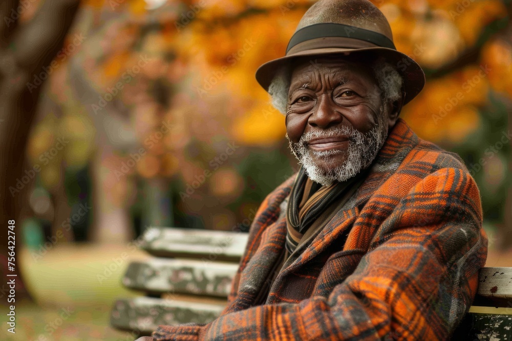 Portrait of an elegant happy old African American man sitting in a park on a bench Portrait of an elegant happy old African American man sitting in a park on a bench