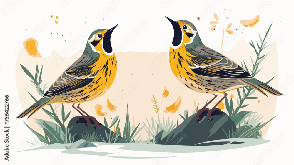 A pair of meadowlarks singing in harmony on a sunny