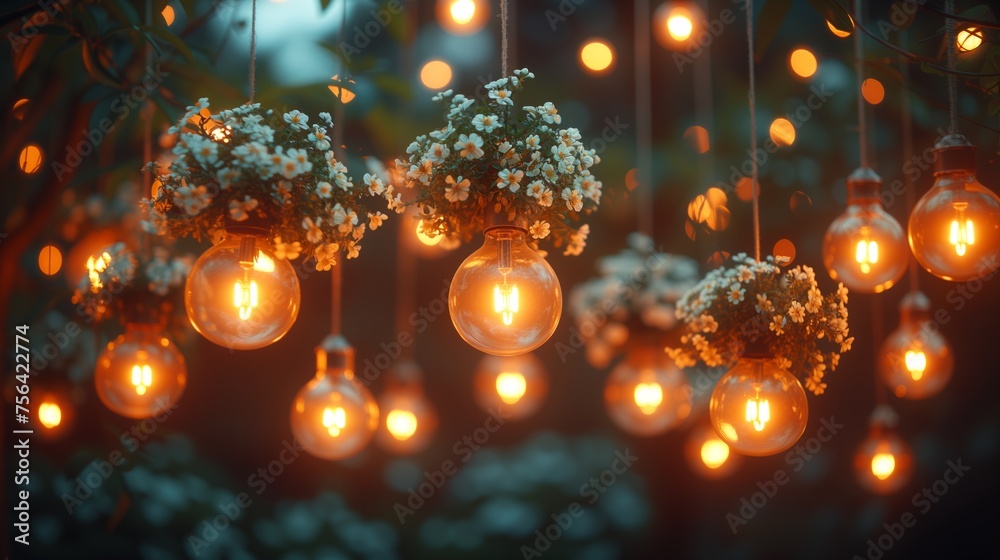 Fototapeta premium Transparent glass decorative bulbs on a garland hung on a blooming tree with green to decorate and consecrate the park at night. Wedding decoration, outdoor cafe decor, cute party decorations