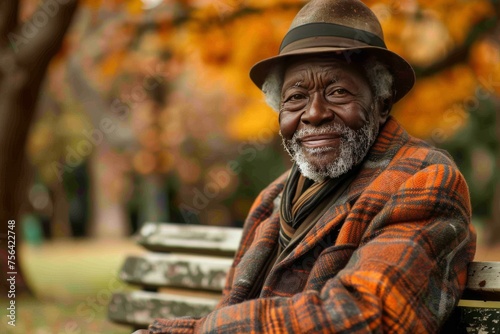 Portrait of an elegant happy old African American man sitting in a park on a bench