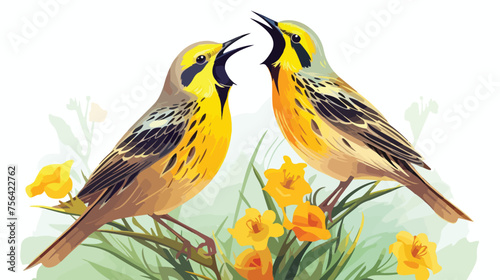 A pair of meadowlarks singing in harmony on a sunny photo