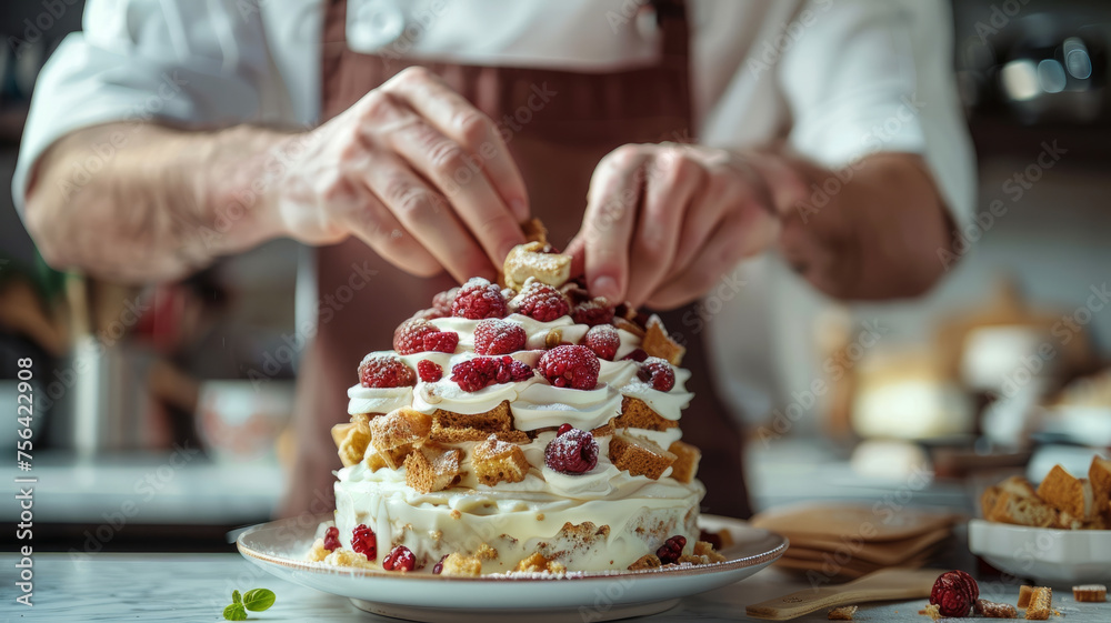 Man decorating a layered cake with raspberries.