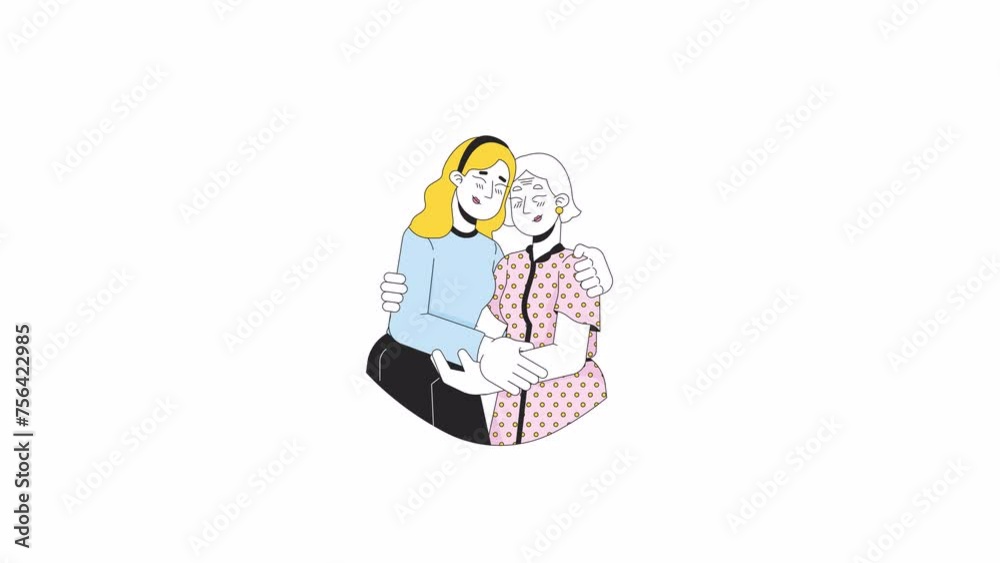 Caucasian elderly mother daughter hugging line 2D characters animation. Comforting support flat color cartoon 4K video, alpha channel. Grandmother granddaughter animated people on white background Caucasian elderly mother daughter hugging line 2D characters animation. Comforting support flat color cartoon 4K video, alpha channel. Grandmother granddaughter animated people on white background
