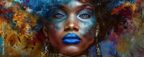 Striking Portrait of a Woman With Blue-Painted Skin Amidst Colorful Abstract Art