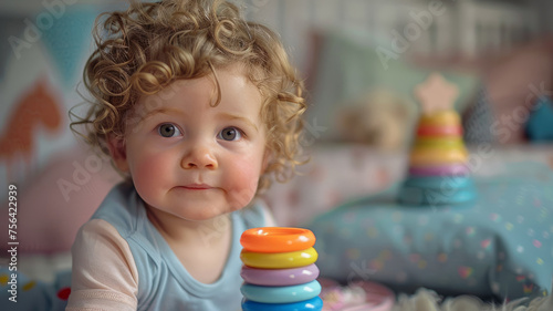 Toddler with toys on bed