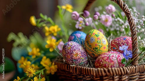 Handmade Basket with Dyed Easter Eggs and Flowers