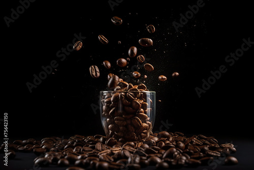 Coffee beans and splash frozen in time, showcasing the lively journey from bean to cup in a single moment. 