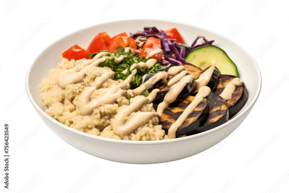 Vegetarian Buddha Bowl with quinoa, black beans, roasted vegetables and hummus Topped with rich tahini salad dressing. Isolated on transparent background.