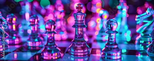 Neon warriors on a chessboard a vibrant clash of tactics and light photo