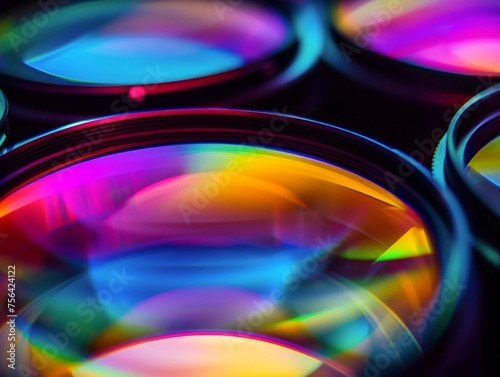 Colorful light dancing on the surface of a DSLR lens a macro view of optical coatings on lens elements photo