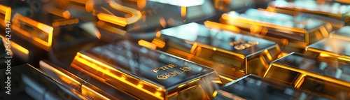 Ai generated of Gold bars Gold ingot, bullion gold, bank vault, stacked image. close up many pure gold bar ingot put on the black color with bokeh surface. many pile of gold bars in golden background.