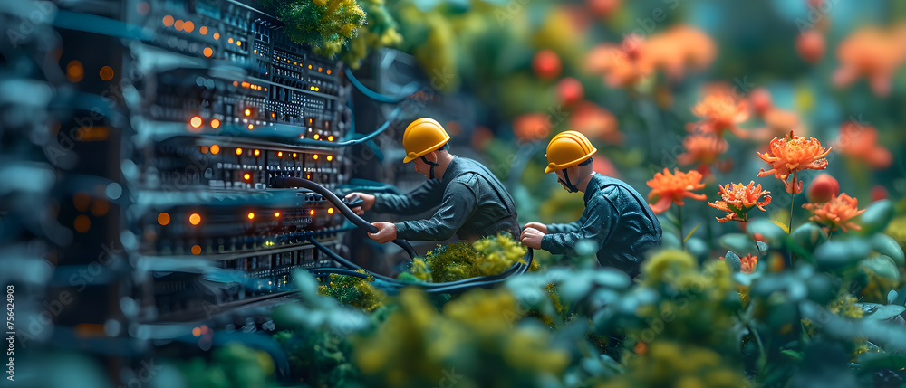 miniature workers in helmets diligently working on a coiled cable amidst scattered debris.
 - obrazy, fototapety, plakaty 