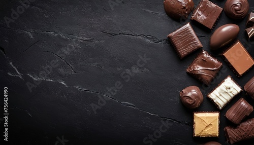 Chocolate background. Various assortment of chocolate with paste. On black rustic background photo
