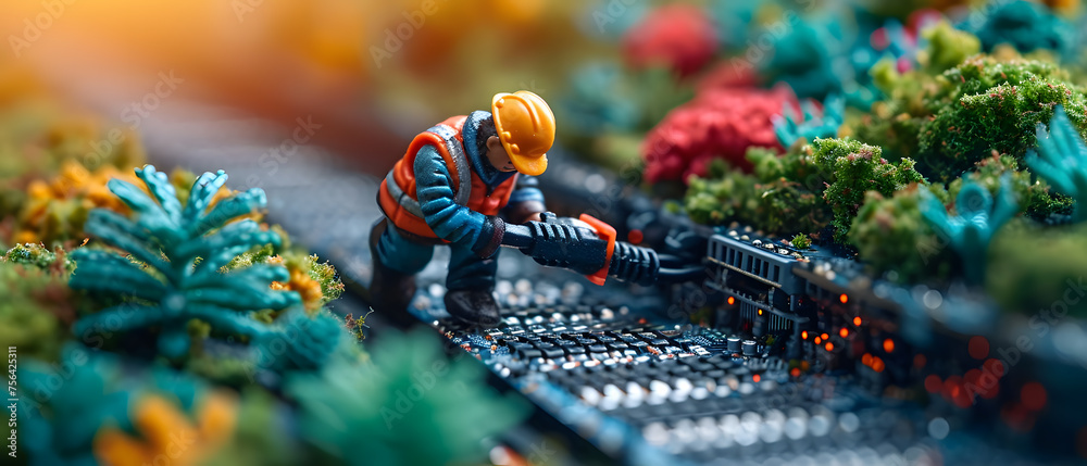 miniature workers in helmets diligently working on a coiled cable amidst scattered debris.
 - obrazy, fototapety, plakaty 