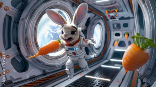 Fototapeta Naklejka Na Ścianę i Meble -  An animated rabbit astronaut looks thrilled while catching carrots in the zero-gravity environment of a spacecraft orbiting Earth.
