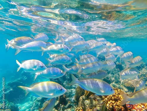 A vibrant underwater scene of a school of fish swimming above a coral reef, showcasing marine life diversity.