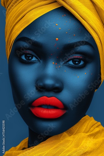 A close-up portrait of the face of a fashionable African woman in a colored headdress
