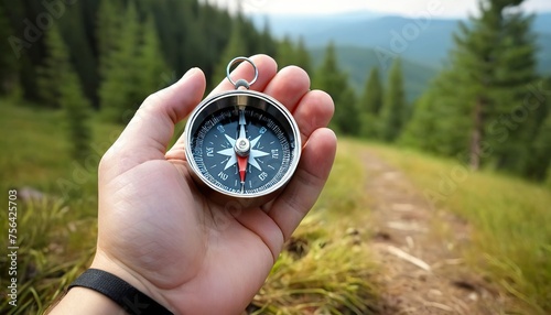 Compass in hand on natural pine forest background. hand holding compass in forest landscape